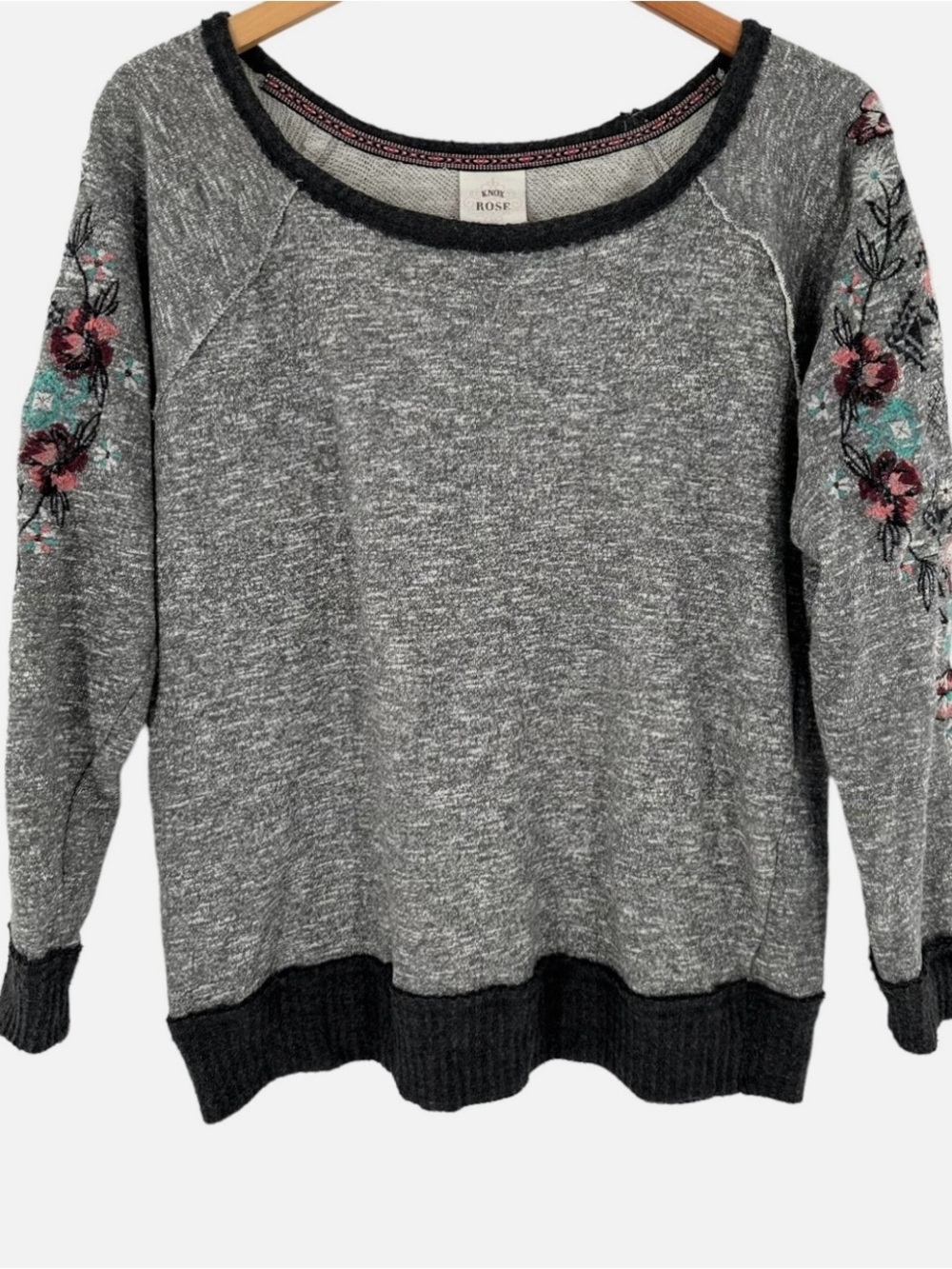 Knox Rose Gray Crewneck Sweater with Pink & Teal Floral Sleeves